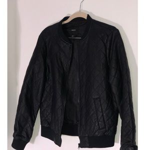 Quilted Black Leather Bomber Jacket
